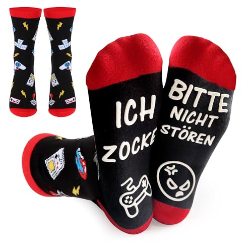 Meias para jogos, divertidas para jogos, meias de jogo, com texto "Bitte Nicht Stören Ich Zocke" para crianças, amigos, adolescentes, filhos no aniversário, Vermelho e preto, 10