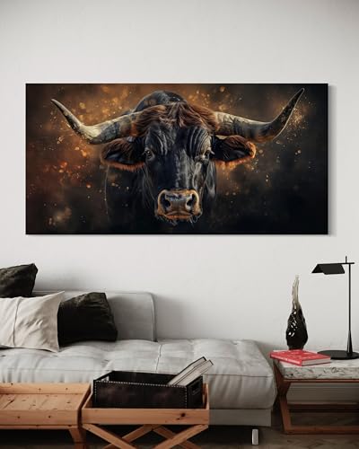 Tableau rustique sur toile decoration murale salon moderne affiche taureau de ferme 65x130cm