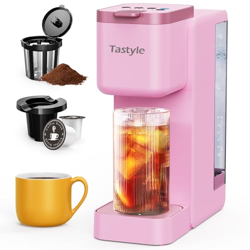 Single Serve Hot & Iced Coffee Maker with Strong Brew, 40oz Removable Reservoir, 6 Brew Sizes, Compatible with K Cup and Grounds, Compact for Home, Office, RV and Dorm, Pink (2.0 Version)