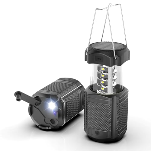 Camping Lantern 5000mAh Solar Hand Crank Telescopic LED Flashlight USB Charger for Power Outages ,Portable Rechargeable Battery Powered Operated Lanterns Lamp, Camping Gear Accessories (Black)