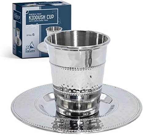 Ner Mitzvah Kiddush Cup and Tray - Premium Quality Stainless Steel Wine Cup - For Shabbat and Havdalah - Judaica Shabbos and Holiday Gift