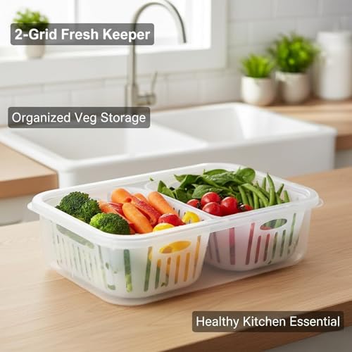 Image of HORNBILLS 2 Grid Fridge Storage Containers Fridge Organizer Container & Lid, Stackable Box, Space Saving Plastic Containers for Chopped Vegetables, Fruits Modern, Clean, and Practical Food Organizer