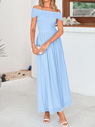 Image of MASCOMODA Women Off The Shoulder Mesh Maxi Dress Bodycon Ruched Formal Sleeveless Pleated Cocktail Wedding Guest Long Dresses