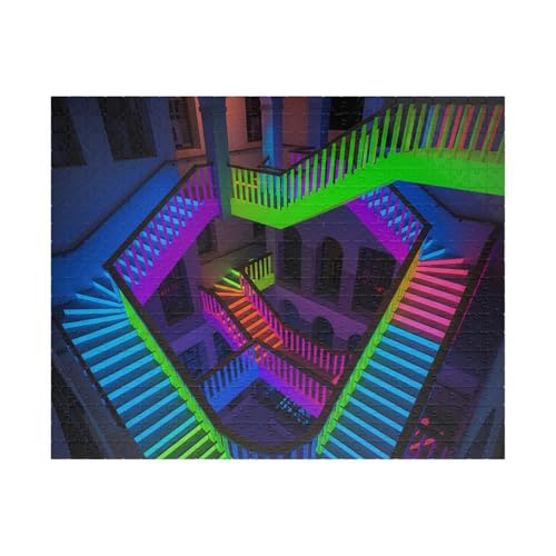 A Vividly Colored Escher-Style Staircase Jigsaw Puzzle - Premium Made in USA, 252/520 Pieces