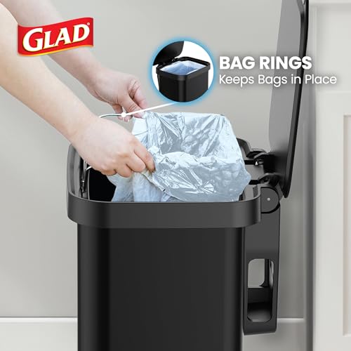 Image of Glad Stainless Steel Step Trash Can, Series 2 with Clorox Protection - Large Black Kitchen Garbage Bin with Soft Close Lid, Foot Pedal and Waste Bag Roll Holder, 13 Gallon
