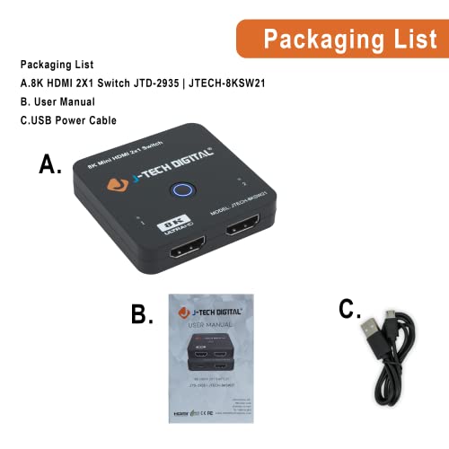 J-Tech Digital 8K HDMI 2.1 Mini Switch 2 in 1 Out 48Gbps 8K 60Hz 4K 120Hz HDR / HDR10 HDMI Switcher for Xbox PS5 BluRay with Auto Switch [JTECH-8KSW21] - Thumbnail 7