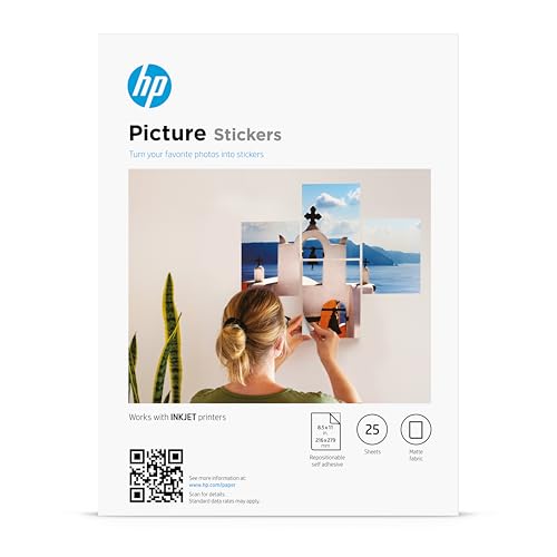 Image of HP Picture Stickers 8.5x11in,25 sheets Self-Adhesive, Easily repositionable, Matte Photo Stickers. Print, Peel & Stick All Inkjet printers and craft cutters. (8L1U9A)