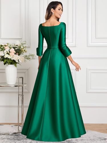 Satin Mother of The Bride Dresses for Women Long Sleeve V Neck Formal Wedding Guest Dresses with Slit4