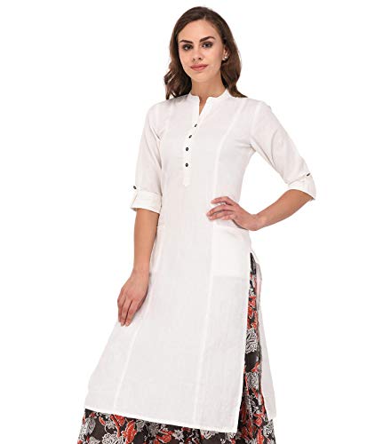 Image of Pistaa's Women's Cotton Relaxed Fit Straight Solid Kurta With Two Patch Pockets