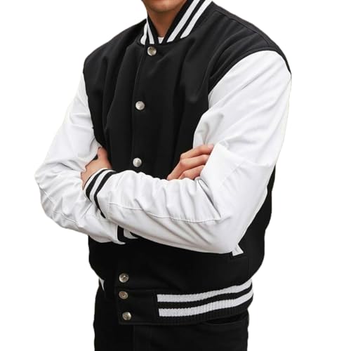 Image of Men's Varsity Jacket Faux Leather Sleeve Wool Blend Letterman Jacket - High School Baseball Bomber Jackets for Men