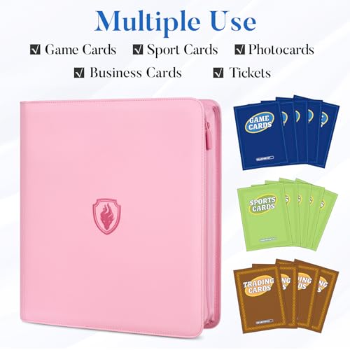 Image of Premium Zip Card Binder 12 Pocket, Fabmaker 912 Pockets Trading Card Binder, PU Zipper Card Collection Album, Sturdy Side-Loading Card Book Holder for Game & Sports Cards, Pink