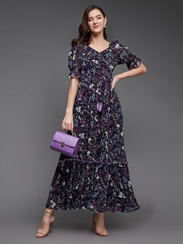Image of Miss Chase Women's Fit and Flare Ankle Length V-Neck Puff Sleeve Floral Ruching Dress with Pockets
