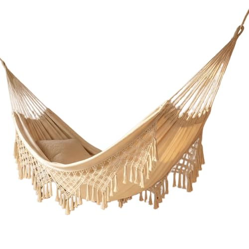 Hamac de Jardin Hamac d'extérieur Camping Lit hamac en Coton Hamacs à Franges en macramé Balcon bohème à Pompons Fait à la Main hamacs Double 2 Personnes (Blanc, 240x150cm, 200kg)