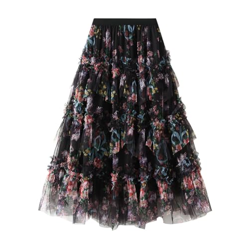 Women Vintage Floral Embroidered Tulle Midi Skirt 50s Party Elastic