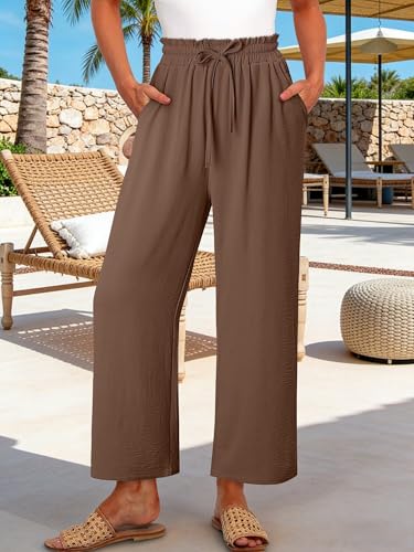 CRAZY GRID Womens High Waisted Palazzo Pants Beach Flowy Summer Drawstring Wide Leg Trousers Loose Casual Vacation Pants with Pockets XL Brown — view 2