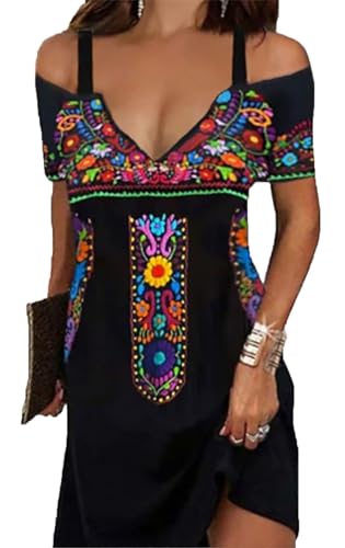 Image of Summer Dresses for Women 2026 Cold Shoulder V Neck Vintage Print A-Line Dress Beach Vacation Boho Mini Sundress