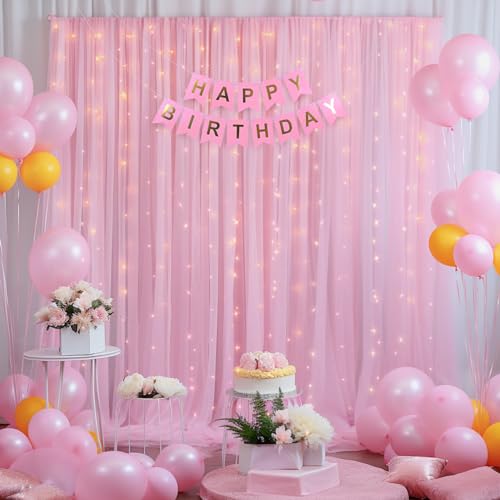 Cortina de Fondo de Tul Rosa 10x10ft con Luces miniatura 3