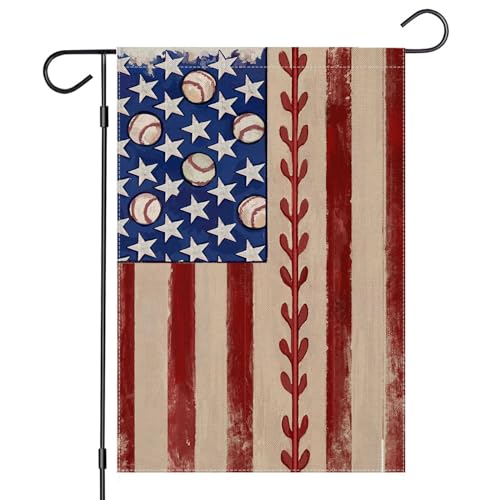 4th of July Garden Flag 12x18 Inch Double Sided, Retro American Flag with Baseball Yard Decoration,Small Seasonal Outdoor Decor for Summer Memorial Day/250th Years America Anniversary Holiday Outside