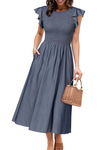 Image of Simplee Womens Striped Midi Summer Dress Linen Smocked Flutter Short Sleeve Dress Flowy Casual Dress with Pockets