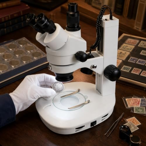 Image of VS-2FZ Trinocular Zoom Stereo Microscope, 0.7X-4.5X Zoom Range, 3.5X-90x Magnification Range, 0.5X & 2X Auxiliary Lens, Dual LED Illumination, Track Stand