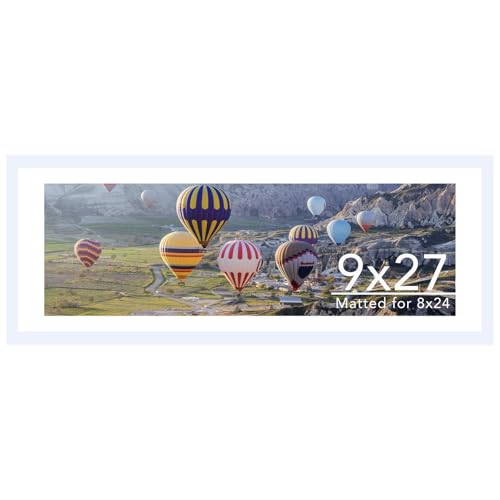 Image of JCJMY 9x27 Picture Frame with 8x24 Mat, Display Photo 8x24 with Mat or 9 x 27 Without Mat, Wall Hanging Large 9 by 27 Poster Frame with Plexiglass, White