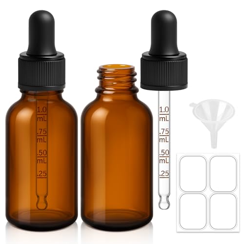 Bumobum Dropper Bottle 1 oz 2 pack Amber Glass Eye Dropper Bottles with Labels and Funnel Tincture Bottle with Measured Dropper - Leakproof Essential Oils Bottles for Health Personal Care & Beauty