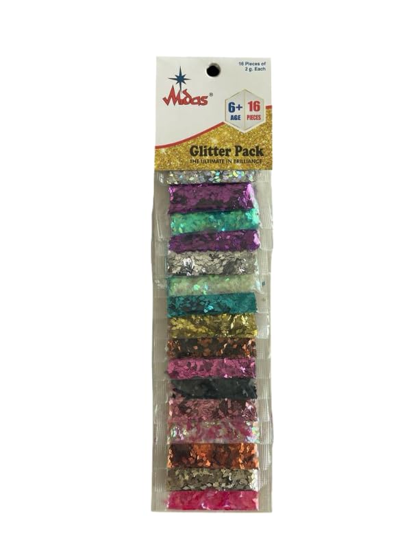 Midas Sparkling Glitter Powder in Diamond Shape for, Resin Art, and Decoration in 16 Shades, 2 Grams Each, 32 Grams (Multicolor) x 2 Strips Making 32 Pouches and Total 64 Grams