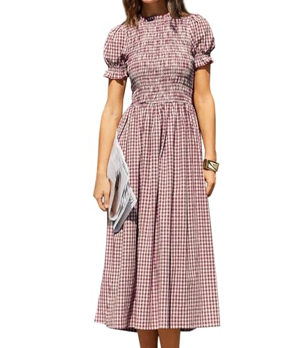 Image of RIHOAS Plaid Gingham Midi Dress Short Sleeve Smocked Dresses for Women | Cotton,Ruffle Puff Sleeves,Vintage Brown,Spring Summer Casual Daily,Picnic,Travel,Vacation,Christmas Festive Occasions