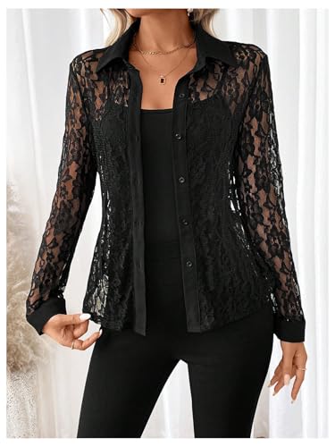 SOLY HUX Women's Lace Sheer Button Down Blouse Long Sleeve Collared Shirts Old Money Outfits3