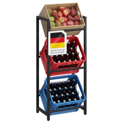 STEELSØN Mystra Getränkekistenregal – Getränkeregal für 3 Kisten in schwarz – stabiles Kistenregal für Wasser, Bier, Obst, Gemüse – Bierkisten Regal mit höhenverstellbaren Füßen – Flaschenregal Metall