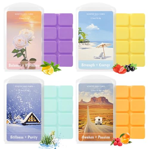 Image of SCENTORINI Wax Melts, Wax Cubes Strong Scent for Healing, 2.5 oz 4-Pack | Summer Relax Scented Wax Melts for Warmer - Lemon Green Tea /Strawberry Blackcurrant /Raspberry Orange /Ocean Grass Bellflower