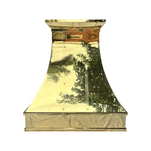 Image of SINDA Polished Brass Range Hood with Internal Motor, Lighting and Baffle Filter, 36 inchW x 39 inchH, Wall Mount, In Stock