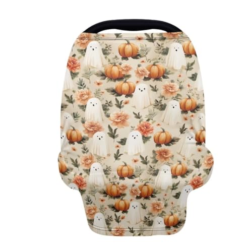 Image of Wanyint Stretchy Baby Car Seat Cover Carseat Canopy for Babies Universal Baby Breastfeeding Stroller High Chair Shopping Cart Cover Halloween Decor, Cute Ghost Pumpkin Floral