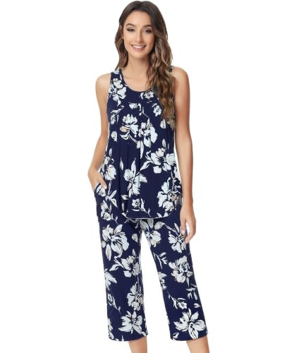 Image of NACHILA Pajamas for Women-Viscose Made from Bamboo, Sleeveless Pjs Tank Top Capri Pants Pajama Sets Cooling Sleepwear