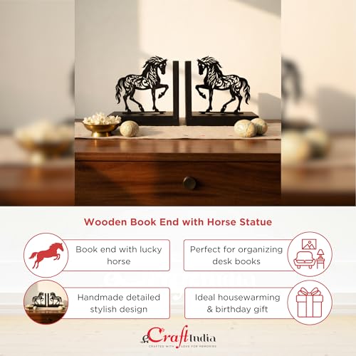 Image of eCraftIndia Wooden Book End with Horse Statue for Good Luck Showpiece for Home Decor Office Table | Gift for Housewarming Birthday