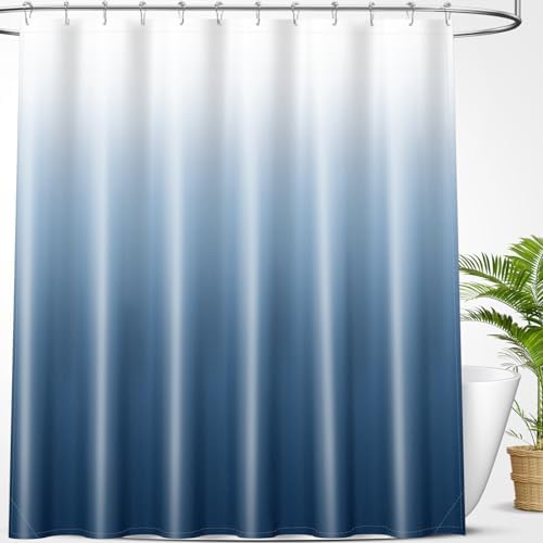 OLANLY Luxury Blue and White Ombre Shower Curtain Sets with 12 Ho...