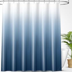 OLANLY Luxury Blue and White Ombre Shower Curtain Sets with 12 Hooks, Waterproof and Washable Decorative Shower Curtains for Bathroom, 72x72 Inches
