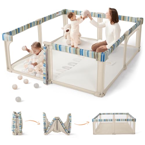 Image of Sweeby Baby Playpen, 79x71 Inch Baby Gate Playpens for Babies and Toddlers, Extra Large Playpen with Door Play Yard for Fence Indoor and Outdoor Play Pen, Khaki Stripe