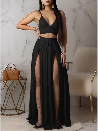 Image of Women Sexy 2 Piece Outfits Dress Chiffon Strap Deep V Neck Bra Crop Top High Split Maxi Dresses Skirt Set