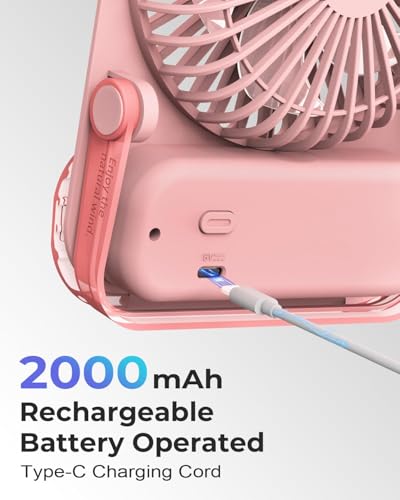 Image of ARCTICOOL Small Table Fan with LED Display, 2000mAh Battery Rechargeable Fan with 5 Speeds, 5.8 Inch Mini Desktop Fan with 180 Tilt Folding and Phone Stand for Home and Office (Light Pink)