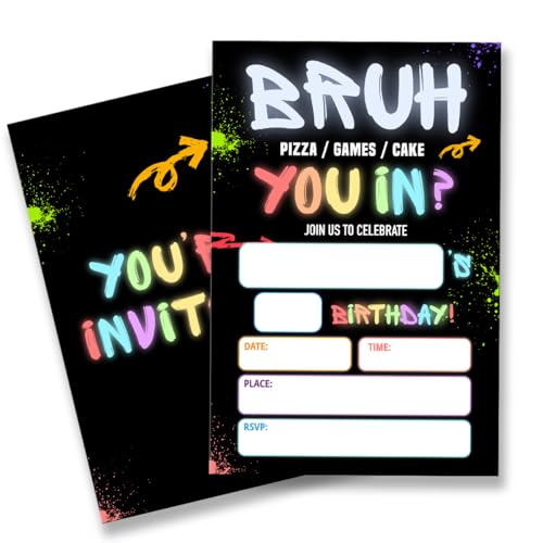 QZJ Boy Games Birthday Party Invitation Supplies with Envelopes Set of 20 Bruh Birthday Invitation Fill in Blank, Double Sided