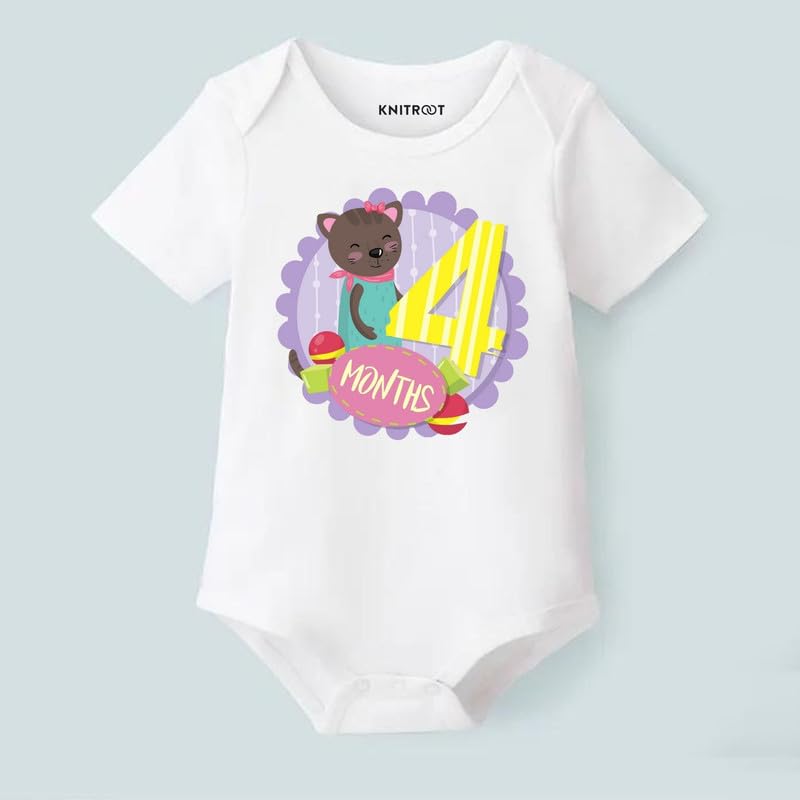 Image of KNITROOT Monthly Birthday Special Unisex Baby Romper Half Sleeve White Color
