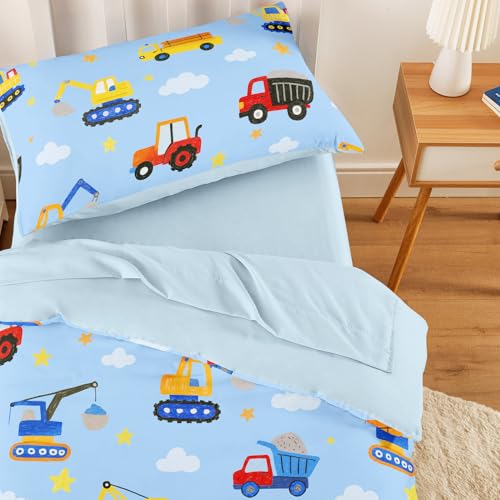 Image of Wake In Cloud - Toddler Bedding Set for Boys, Construction Car Excavator Truck, 4 Pieces Soft Crib Bed Set Including Comforter, Sheets and Pillowcase, Light Blue
