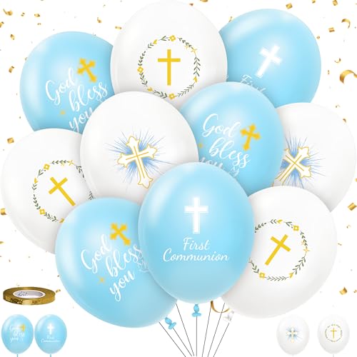 HYOWCHI 48 Pcs God Bless Baptism First Communion Decorations Balloons for Boy Blue and Gold 1st Communion Theme Latex Balloons with Gold Crosses for Christenings Baptisms Baby Shower Religious