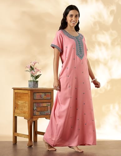 Image of 9shines Label Stylish Alpine Nighty Maxi for Women | Full Length Trendy Nightgown | Premium Nightdress | Nightwear | Heavy Embroidery Nighty with Pockets(2891)