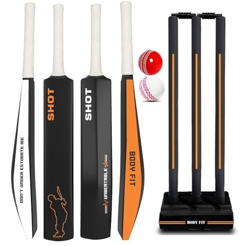 Image of Bodyfit Shot Premium Cricket Bat for Men, Women & Children | Lightweight| Full Size| | Hard Plastic Bat| Premium Cricket Wicket Set l 3 Stumps+2 Bails+1 Stand Set, 2 Balls (Black-Orang)