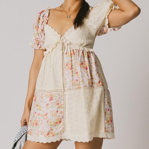 Image of Women Y2k Puff Sleeve Babydoll Dresses Square Neck Tie Back Mini Dress Summer Solid Off Shoulder Flowy Sundress