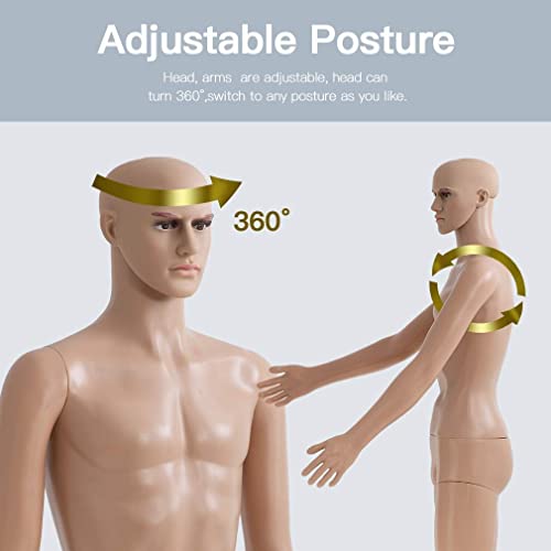 Male Mannequin Clothing Full Body Dress Form Sewing Manikin 73" Adjustable Detachable Realistic Model Display With Metal Base Plastic Head Turns Poseable, Dummy Mannequin Stand For Shopping Mall #TOP4
