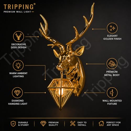 Image of TRIPPING Luxury Golden Deer Head Wall Lamp with Diamond Hanging Light: Premium Metal Decorative Wall Fixture, Warm Ambient Lighting, Statement Wall Mounted Lighting for Living Room Bedroom