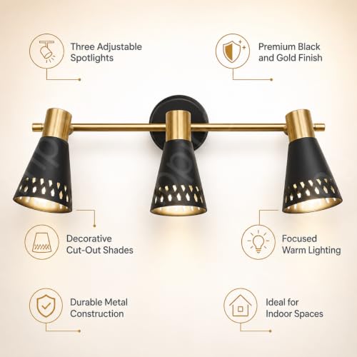 Image of TRIPPING 9 Watt Adjustable COB 3-Head LED Mirror Light with 3-in-1 Light Color (Warm White, Natural White, White), Black & Gold Metal Spotlight Wall Lamp for Dressing Table, (43 x 15 x 9 cm)